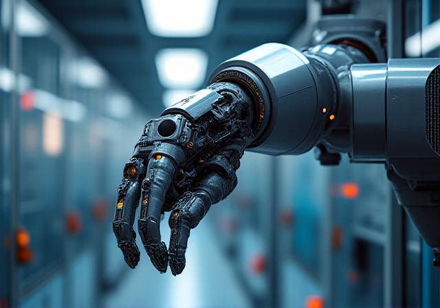 Nærbilde av en avansert industriell robotarm under utvikling i et moderne laboratorium